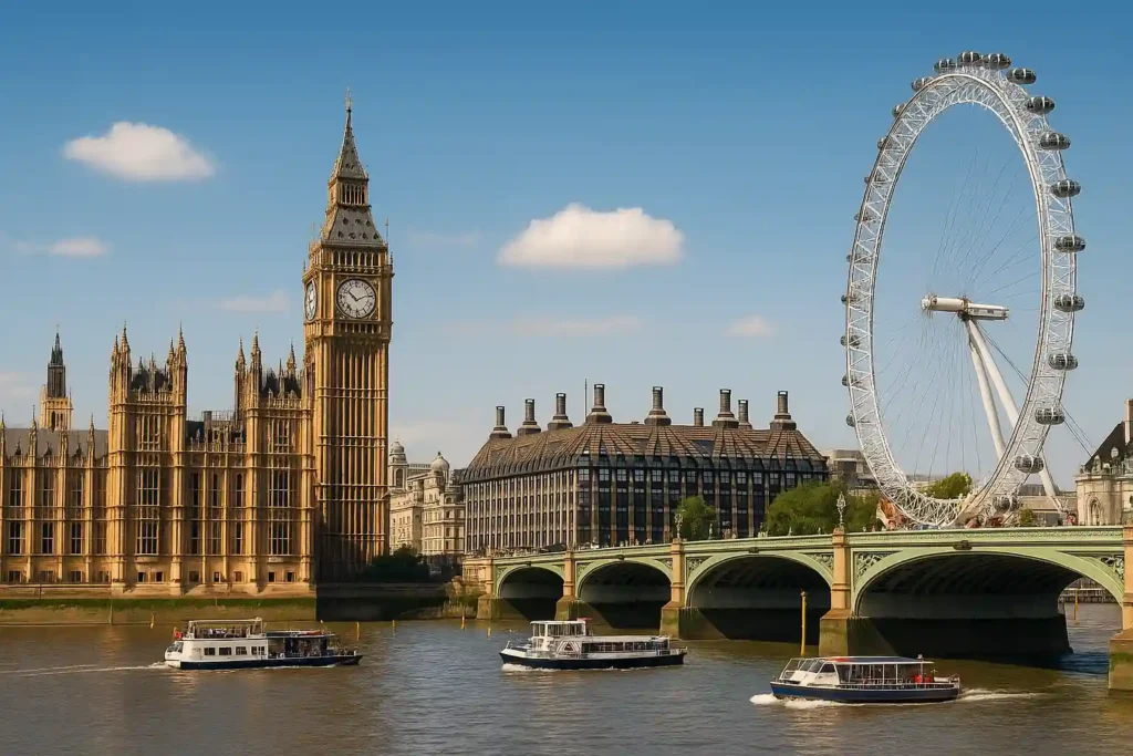 Vue emblématique de Londres avec Big Ben, le London Eye et Westminster Bridge sur la Tamise, ciel bleu et bateaux.