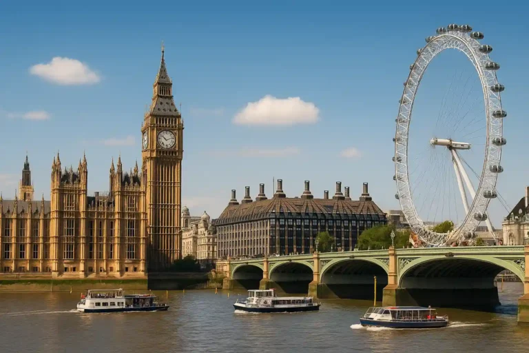 Vue emblématique de Londres avec Big Ben, le London Eye et Westminster Bridge sur la Tamise, ciel bleu et bateaux.