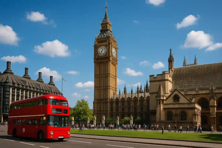 Bus rouge à impériale devant Big Ben et les Houses of Parliament à Londres, ciel bleu et foule de touristes.
