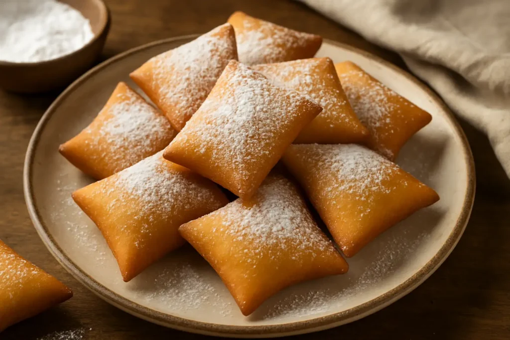 Beignets bottereaux dorés et saupoudrés de sucre glace, disposés sur une assiette rustique, avec un fond en bois et un linge beige.