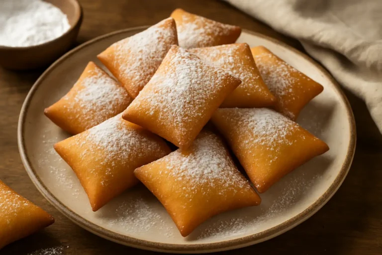 Beignets bottereaux dorés et saupoudrés de sucre glace, disposés sur une assiette rustique, avec un fond en bois et un linge beige.