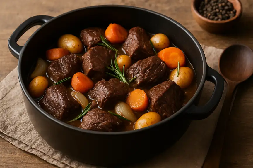Cocotte en fonte remplie de morceaux tendres de chevreuil, carottes, pommes de terre et oignons dans une sauce mijotée, sur fond de table rustique en bois.