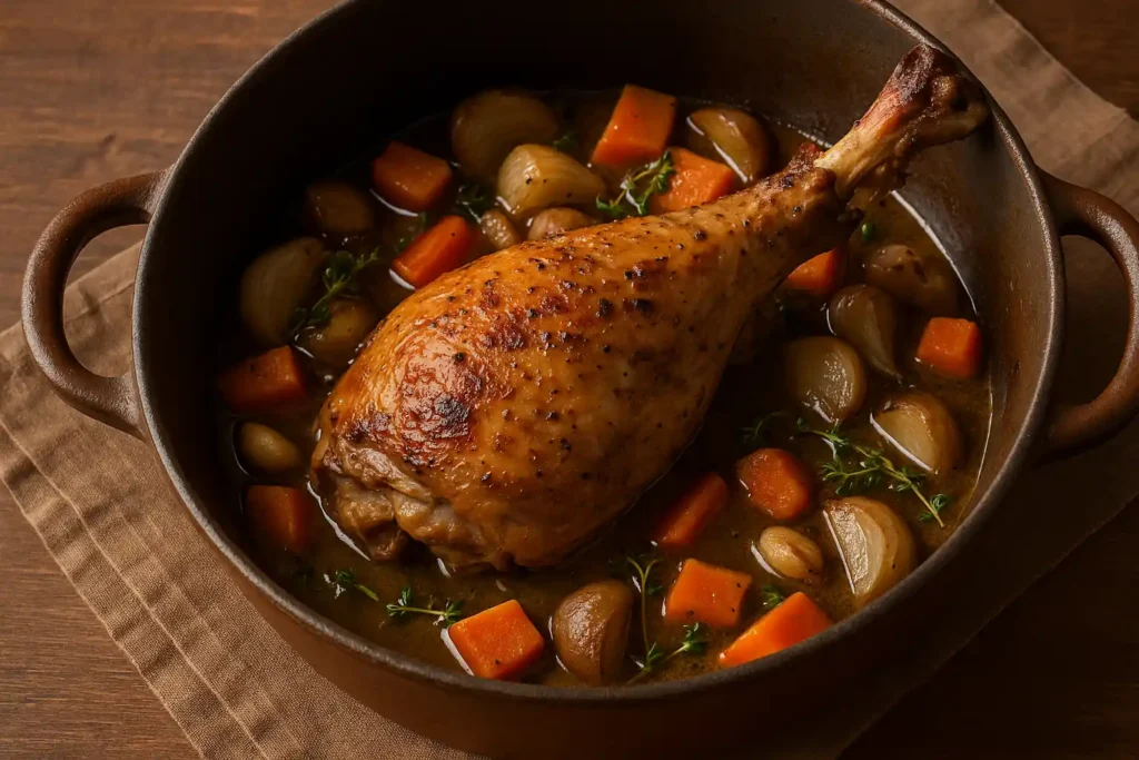 Cuisse de dinde rôtie dans une cocotte en fonte, entourée de carottes, oignons et gousses d’ail, nappée d’un jus savoureux.