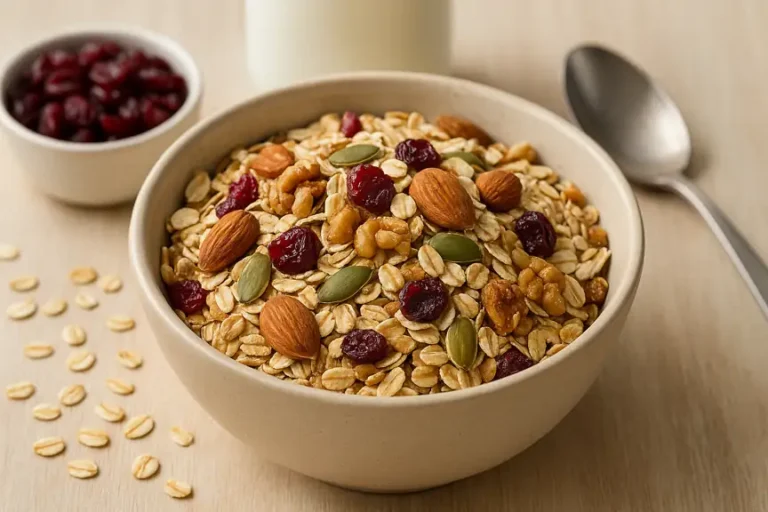 Bol de muesli maison garni de flocons d’avoine, fruits secs, amandes et graines, posé sur une table en bois clair avec une cuillère et du lait en arrière-plan.