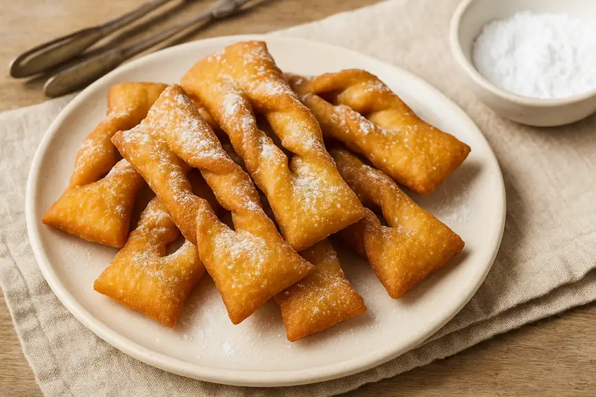 Assiette de roussettes dorées et torsadées, saupoudrées de sucre glace, présentées sur une nappe en lin beige avec des couverts anciens et un bol de sucre en arrière-plan.