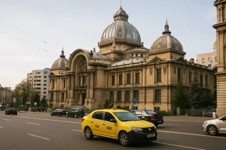 Rue de Bucarest avec un taxi jaune devant un bâtiment historique, symbole des précautions de voyage en Roumanie.