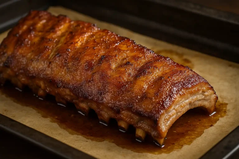 Travers de porc dorés et caramélisés au four, reposant sur une plaque de cuisson avec une surface croustillante et juteuse.