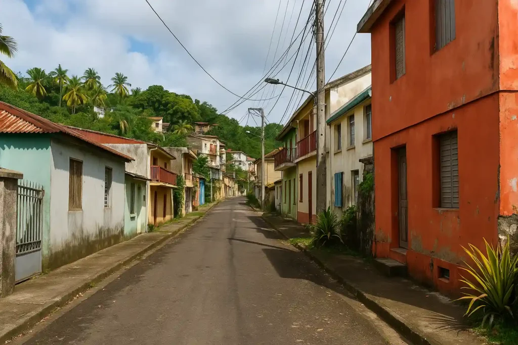 Rue tropicale déserte en Martinique, maisons colorées légèrement vieillies et végétation luxuriante sous un ciel partiellement nuageux, illustrant un quartier urbain local.