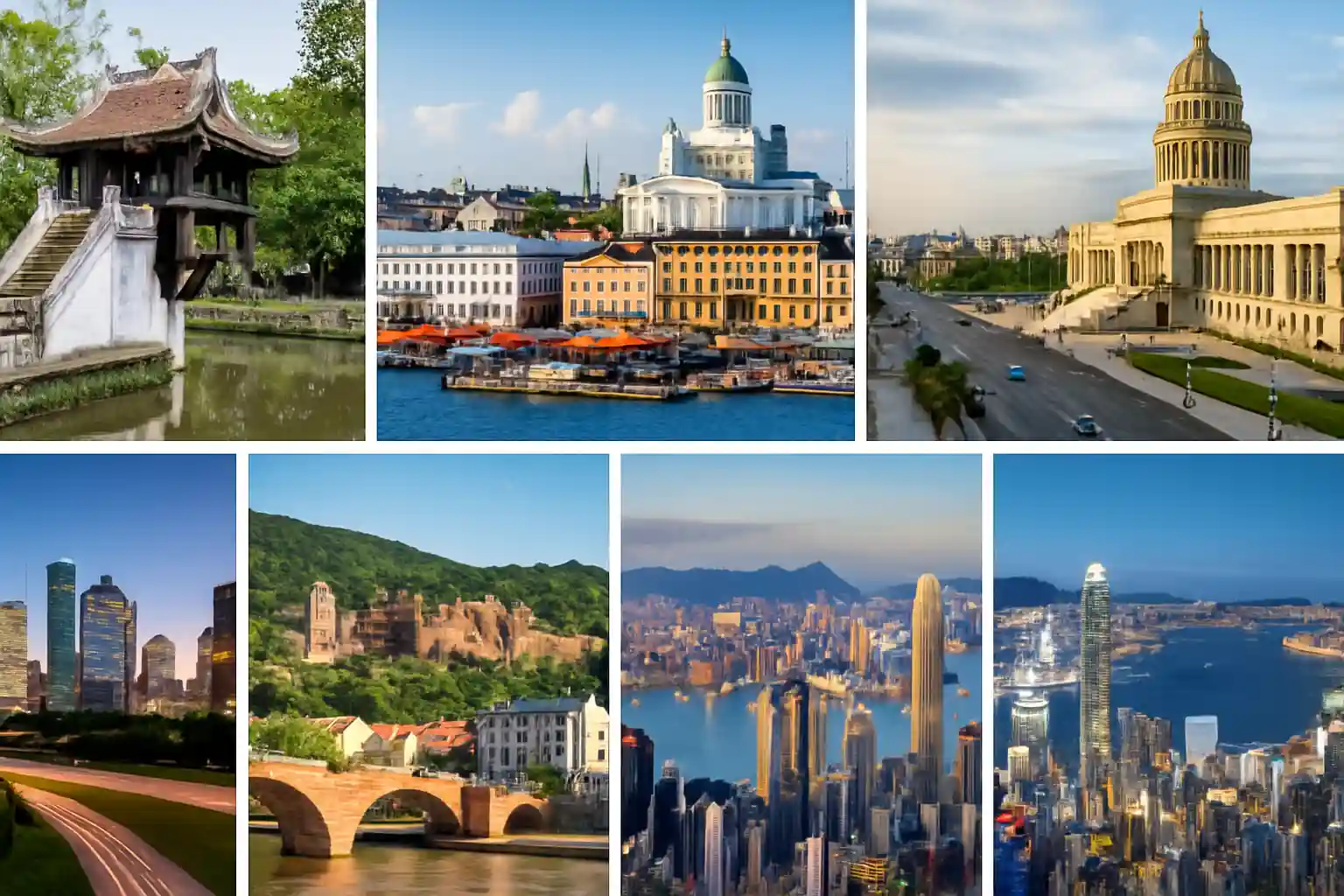 Montage de villes célèbres commençant par la lettre H, incluant Hanoï, Helsinki, La Havane, Houston, Heidelberg et Hong Kong.