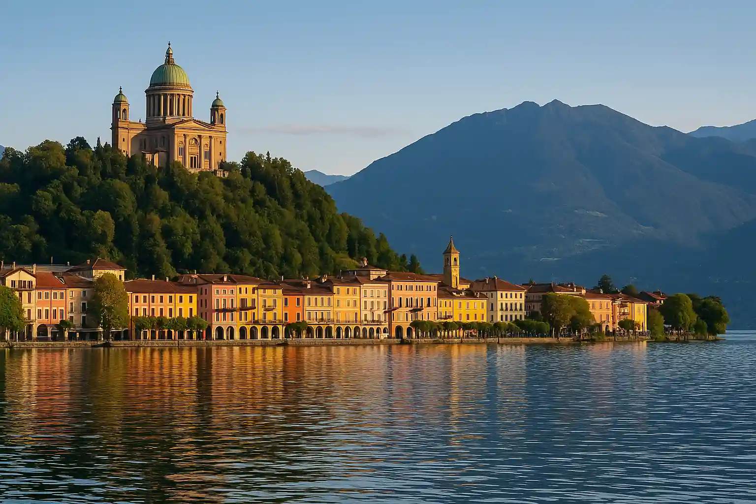 Panorama d’une ville européenne en bord de lac, dominée par une basilique et entourée de montagnes, illustrant une ville commençant par la lettre O.