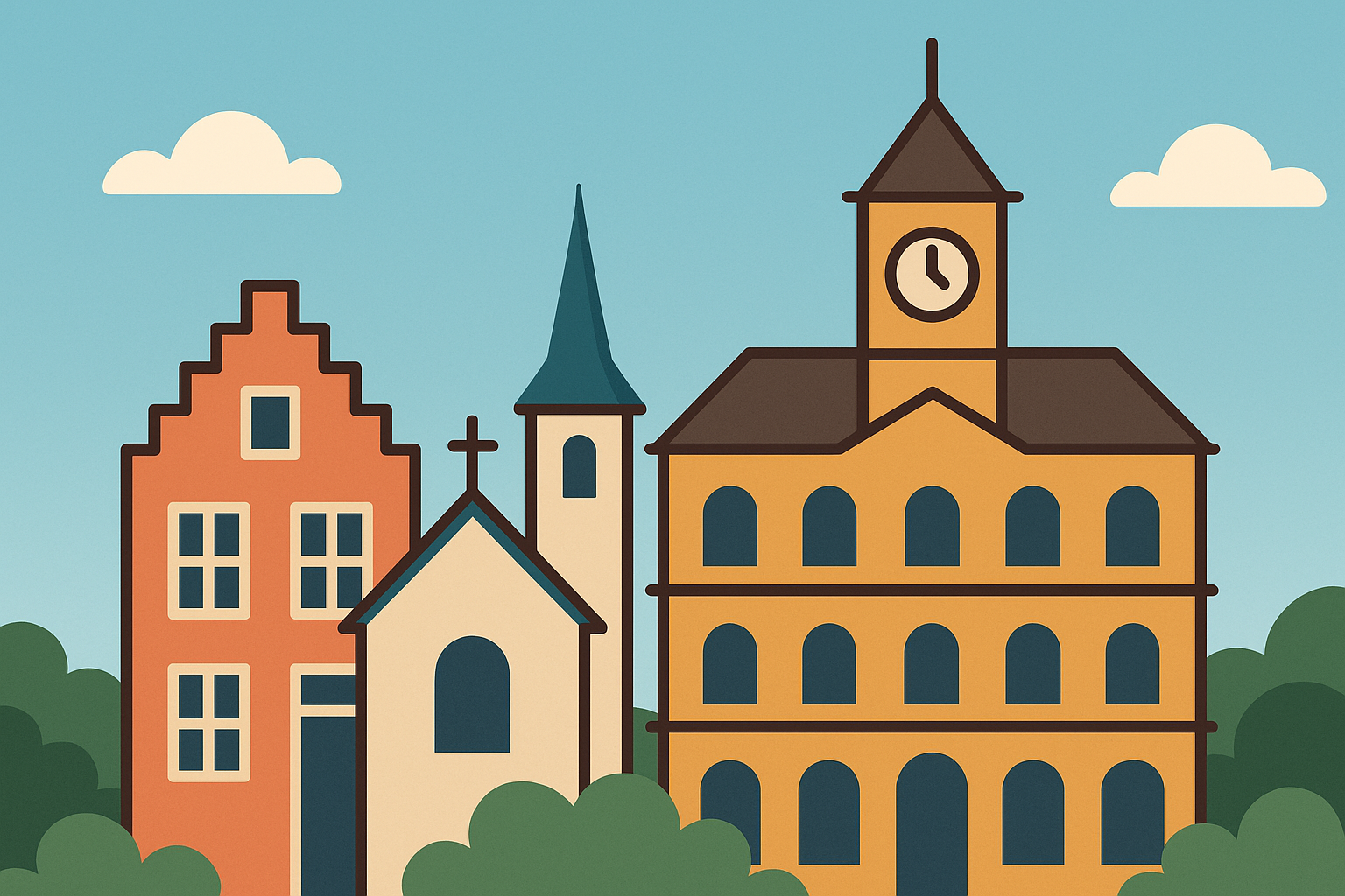 ville en q : exemples de villes commençant par la lettre Q en France et dans le monde, illustration minimaliste de bâtiments européens