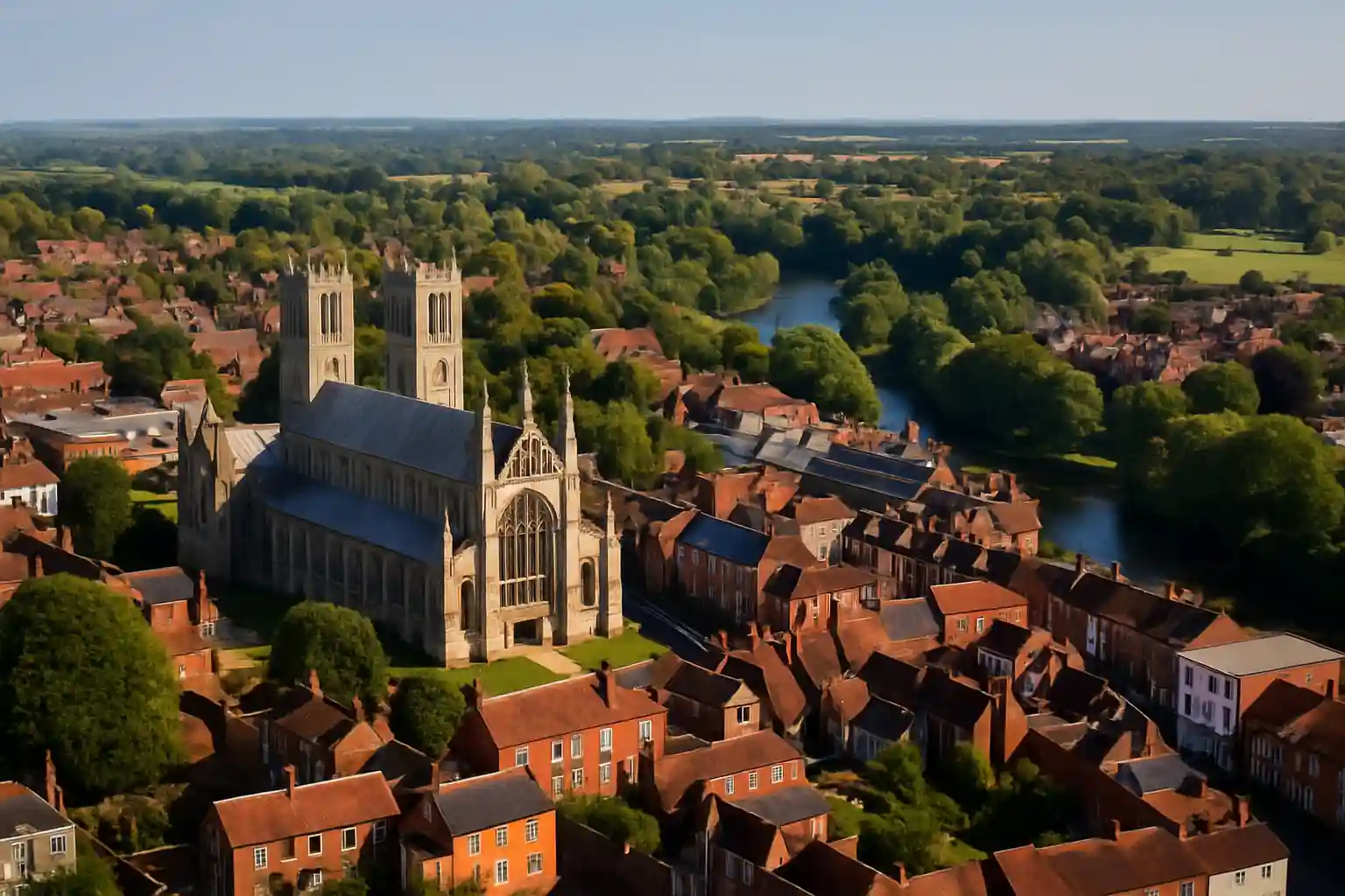 Vue aérienne d’une ville européenne avec une cathédrale gothique et une rivière, illustrant une ville commençant par la lettre W.