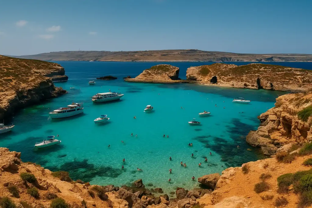Lagune bleue de Comino à Malte avec eau turquoise, bateaux et falaises en arrière-plan
