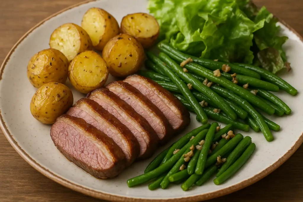 Magret de canard servi avec pommes de terre grenaille et haricots verts croquants