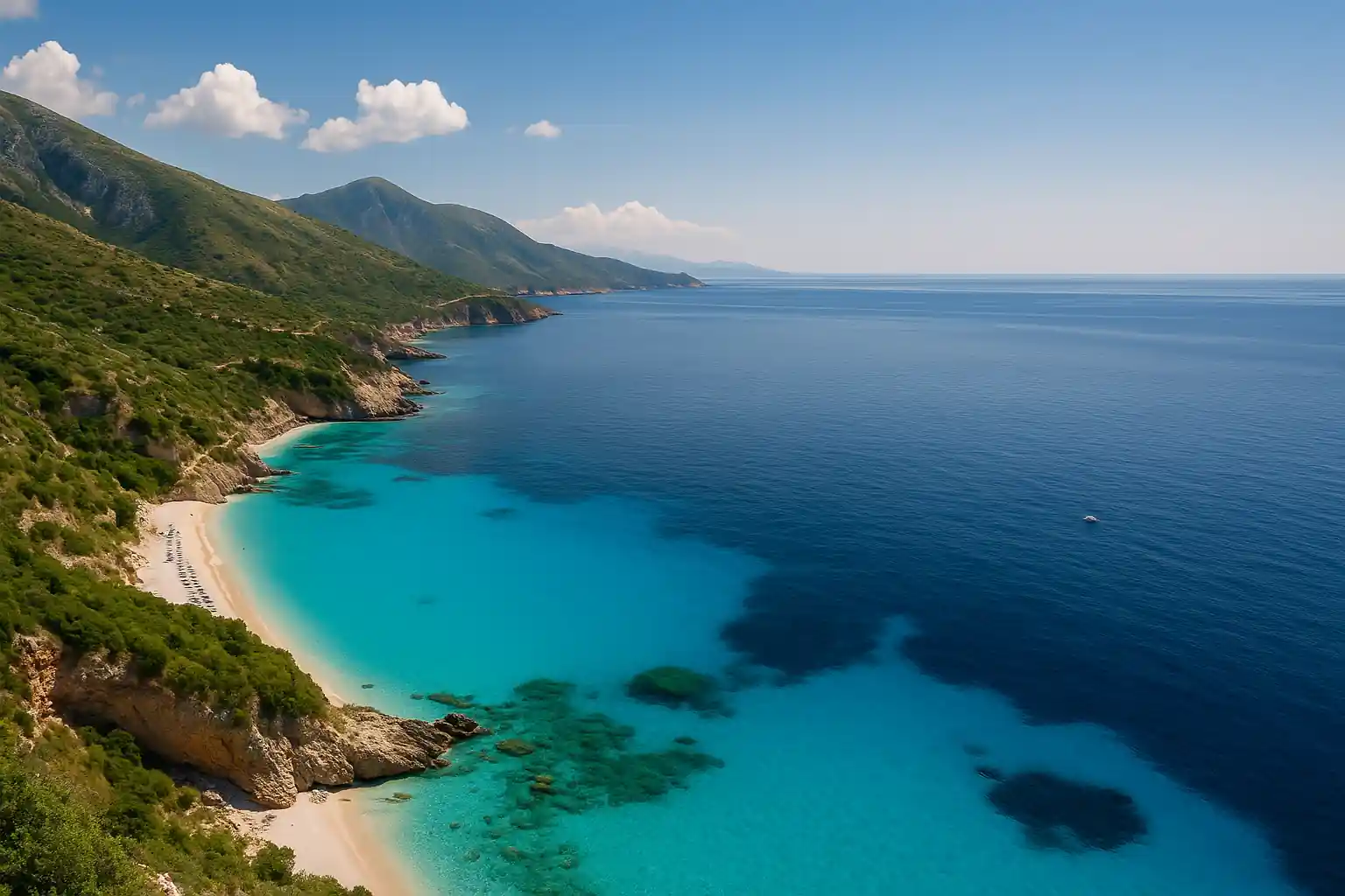 Plage paradisiaque en Albanie avec sable fin, galets blancs et eaux turquoise de la mer Ionienne