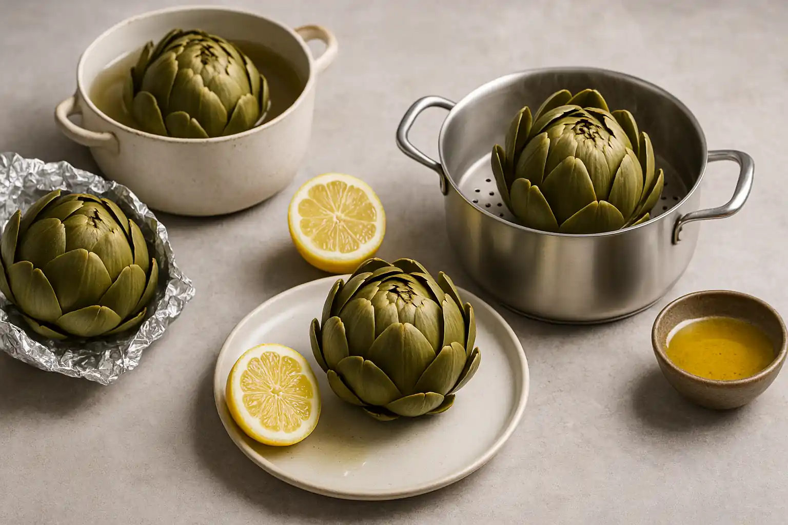 Artichaut : temps de cuisson fiables (eau, vapeur, cocotte) 1 Artichauts cuits présentés avec citron et différentes méthodes de cuisson