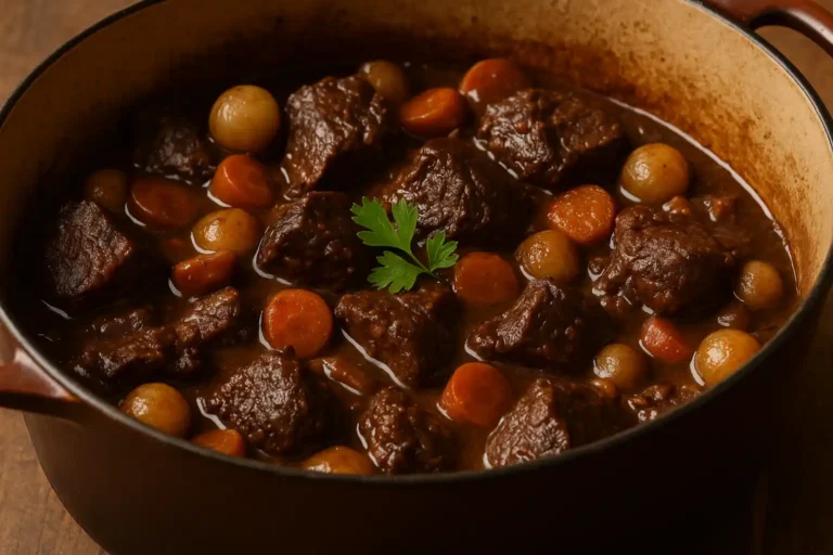 Bœuf bourguignon mijoté en cocotte avec morceaux de paleron, carottes et oignons grelots dans une sauce au vin rouge