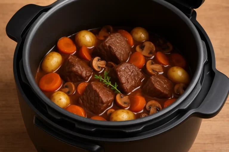 Bœuf bourguignon au Cookeo avec cubes de paleron, carottes, pommes de terre et champignons dans une sauce nappante
