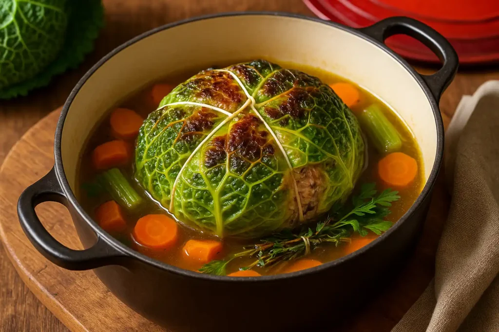 Chou farci maison traditionnel en cocotte avec légumes