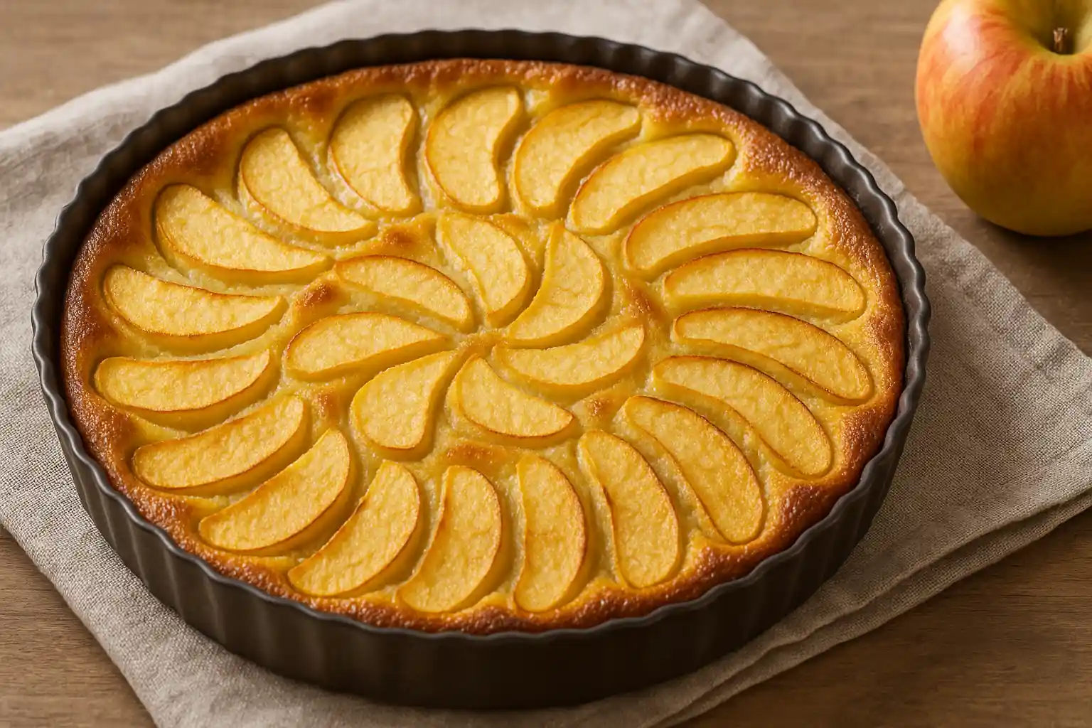 Clafoutis aux pommes : 180 °C, temps de cuisson & versions moelleuses 1 Clafoutis aux pommes doré en plat rectangulaire avec tranches alignées et caramélisées en surface
