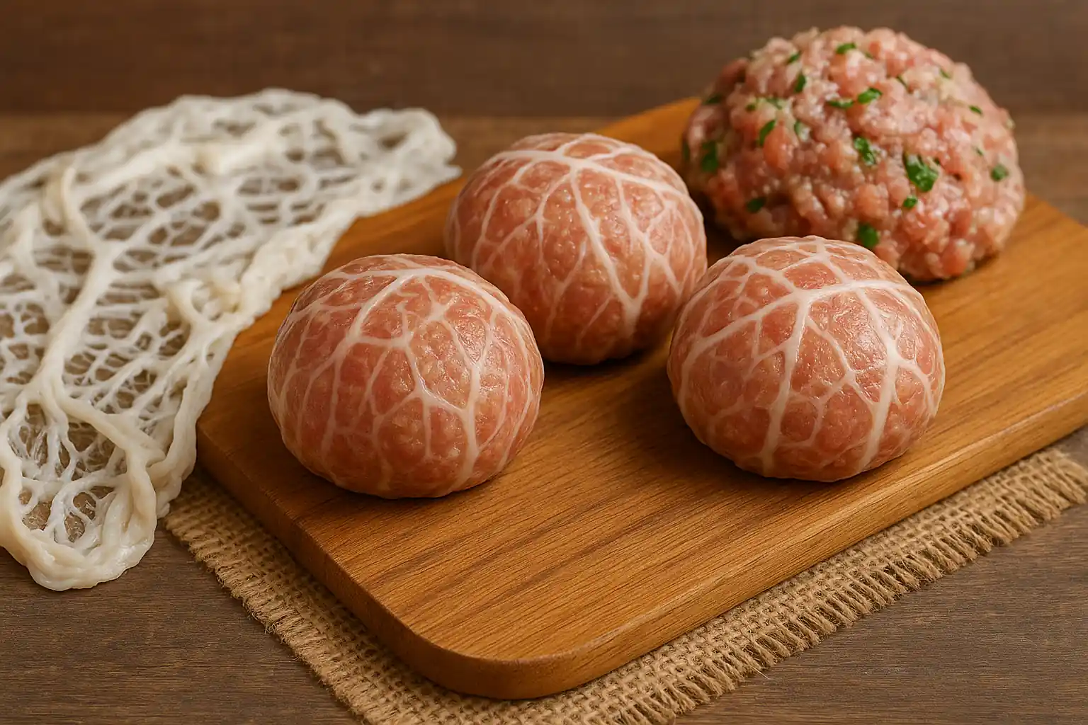 Crépinettes de porc enveloppées dans une crépine, prêtes à cuire, présentées sur une planche en bois rustique