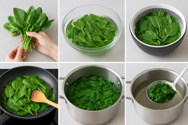 Épinards frais cuits à la poêle, vapeur ou blanchis, verts éclatants et bien égouttés