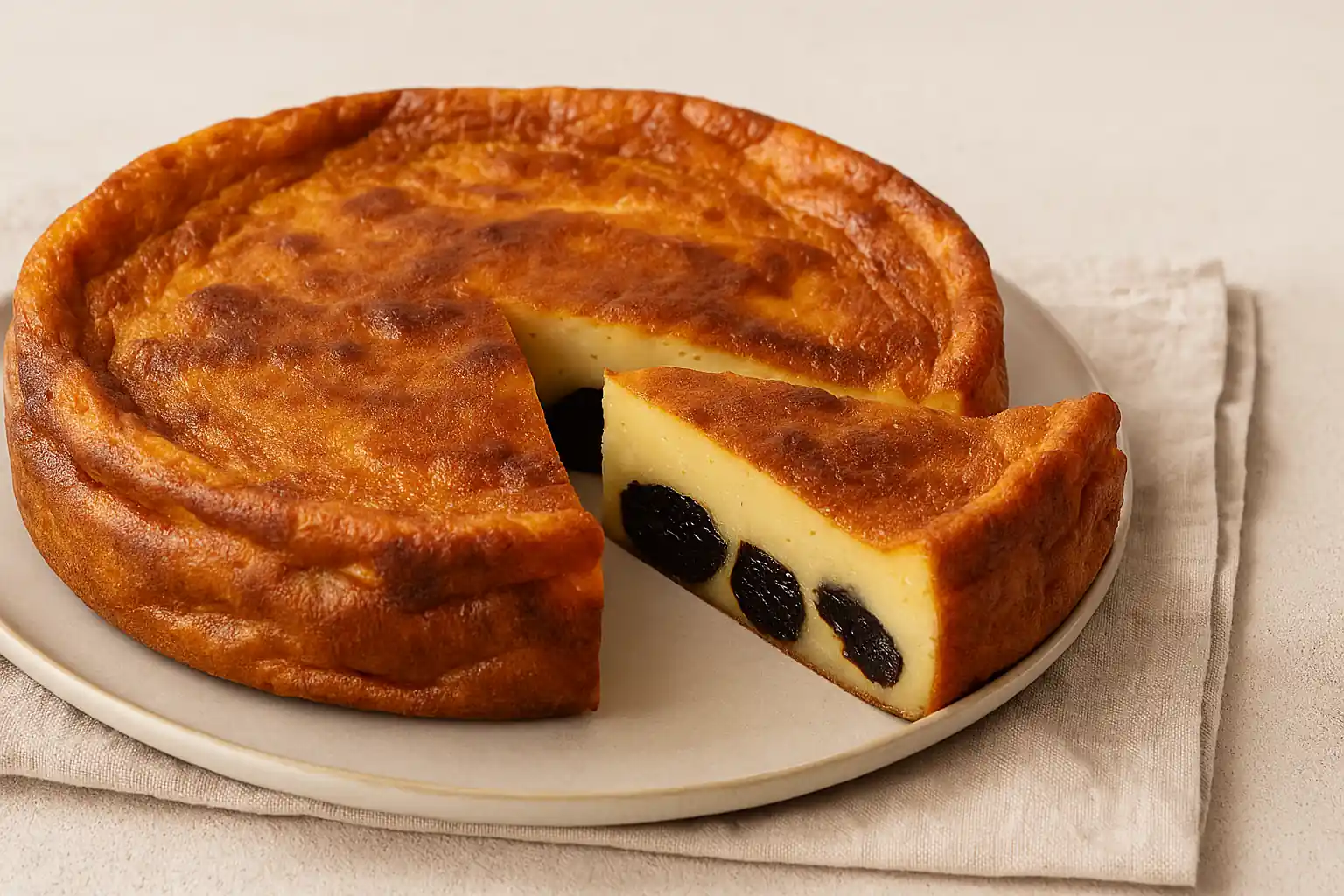 Far breton traditionnel aux pruneaux dans un plat, dessert breton doré et moelleux