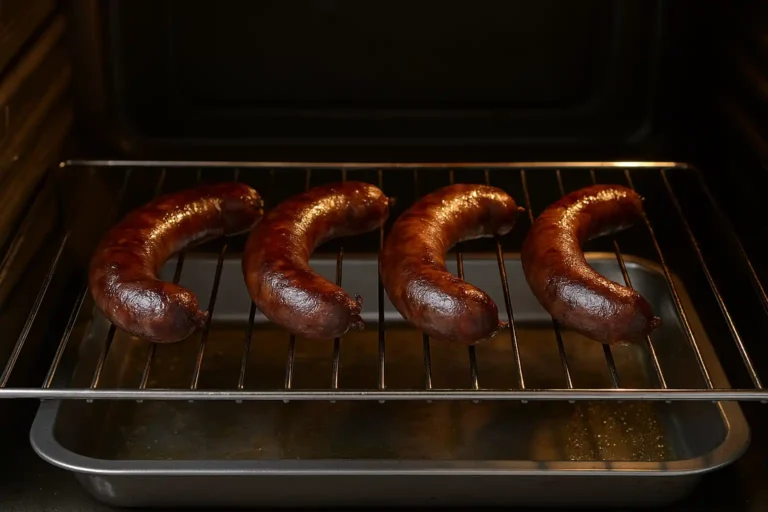 Figatelli au four : 200 °C, temps de cuisson & sécurité à cœur 6 Figatelli corses dorés au four sur une grille avec pommes de terre rôties en arrière-plan