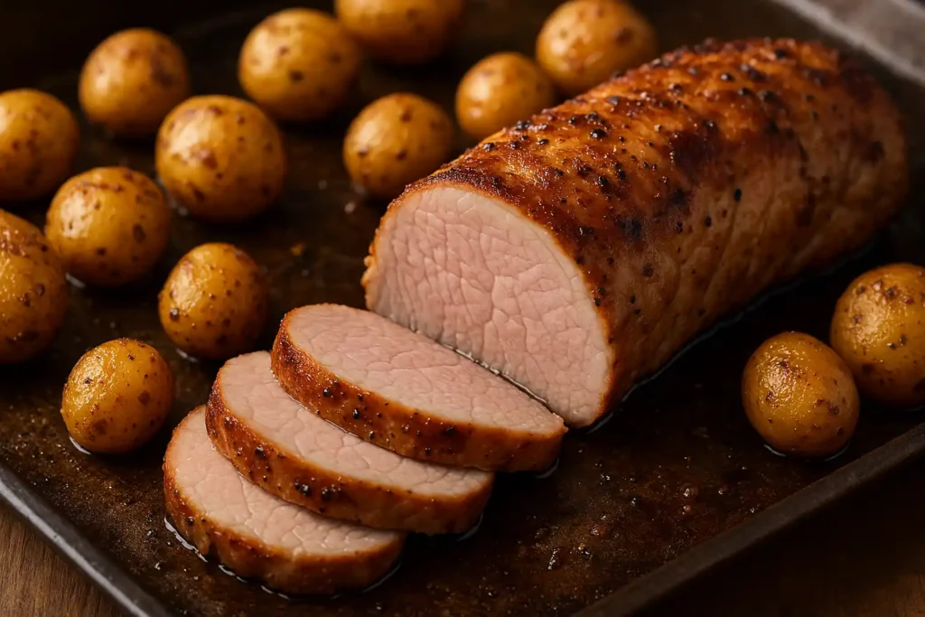 Filet mignon de porc rôti au four, tranché avec croûte dorée et intérieur rosé juteux