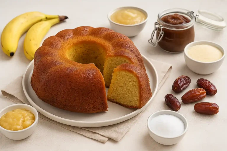 Gâteau sans sucre : recettes, substituts & résultats en texture 5 Gâteau sans sucre doré et moelleux présenté sur une assiette avec fruits frais autour