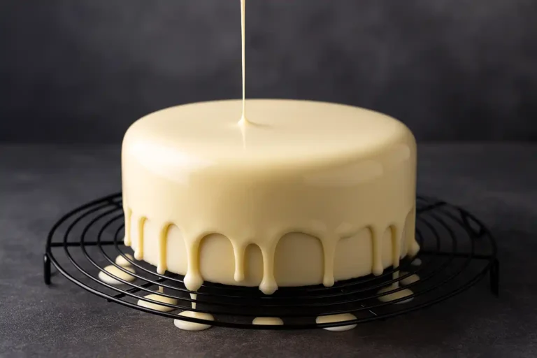 Entremets recouvert d’un glaçage miroir chocolat blanc ivoire brillant sur grille pâtissière