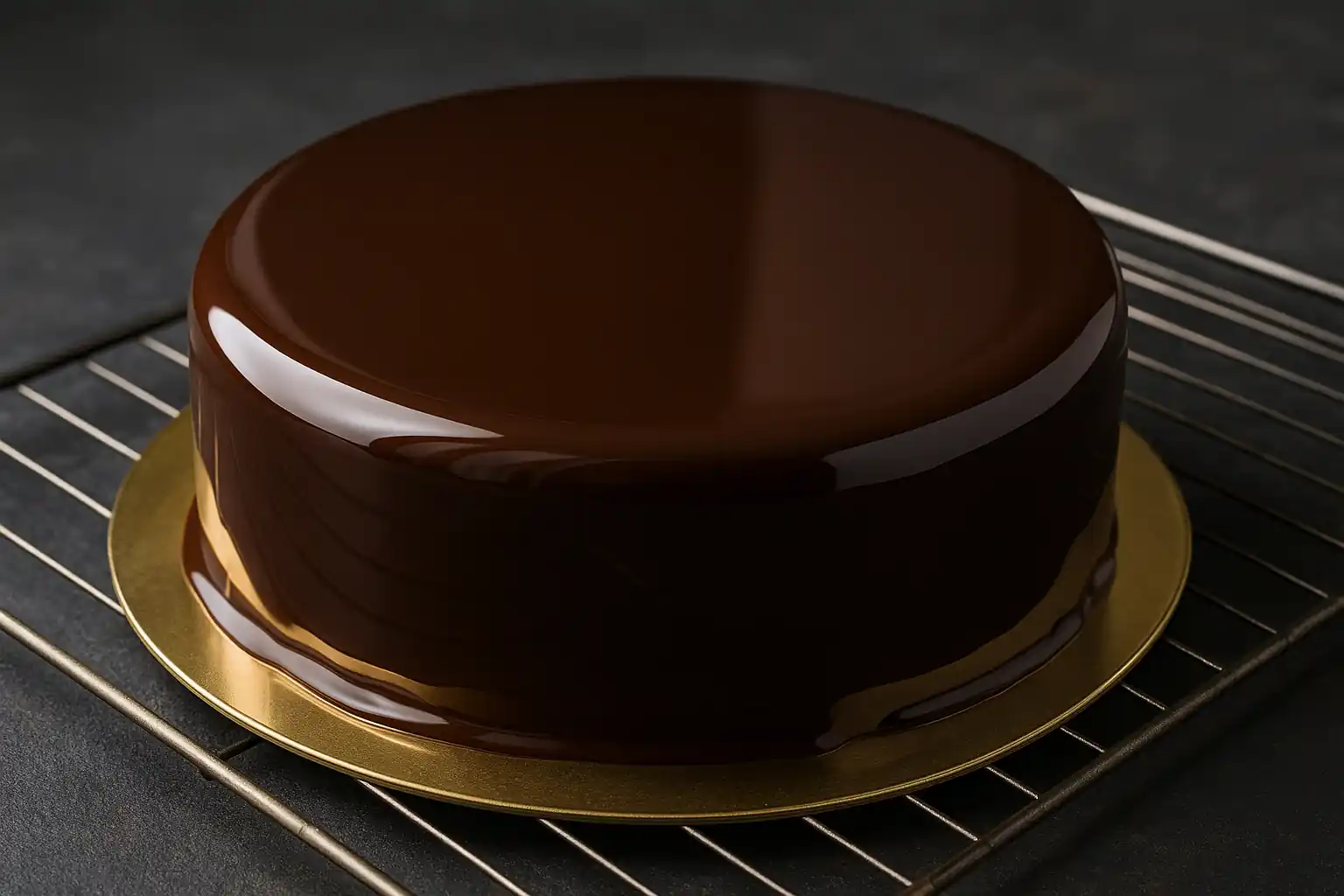 Entremets nappé d’un glaçage miroir chocolat brillant en présentation pâtissière