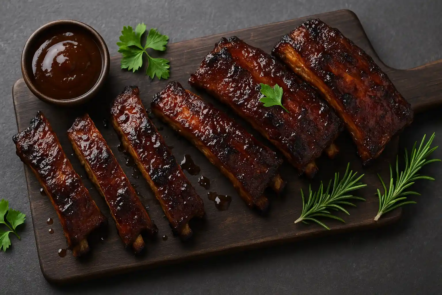 Marinade pour travers de porc : base inratable & variantes 1 Travers de porc grillés et laqués au barbecue, servis sur planche en bois avec sauce et herbes fraîches