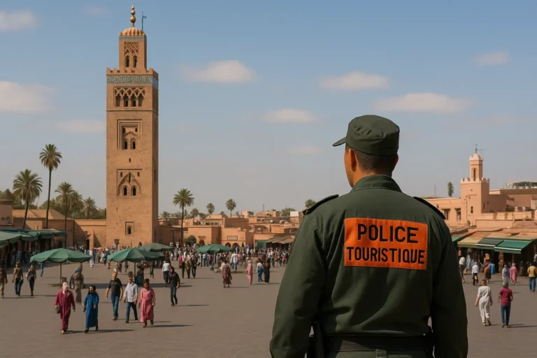 Marrakech est-elle dangereuse pour les touristes ? Sécurité, risques réels et conseils 8 Marrakech sécurité : police touristique sur la place Jemaa el-Fna avec la Koutoubia en arrière-plan