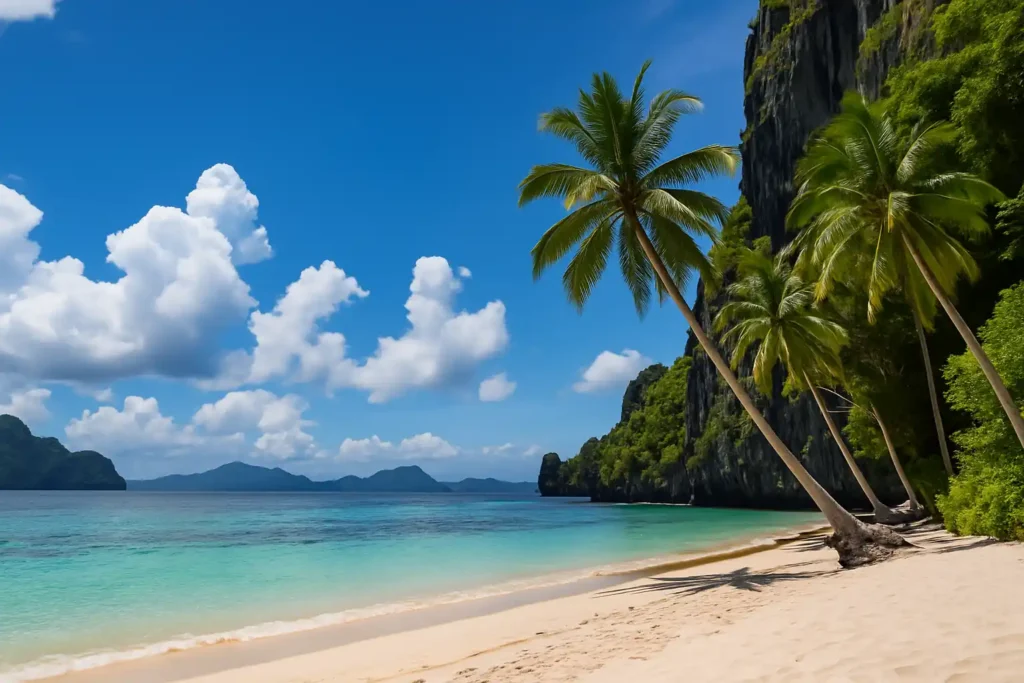 Plage tropicale des Philippines en saison sèche avec sable blanc, cocotiers et mer turquoise