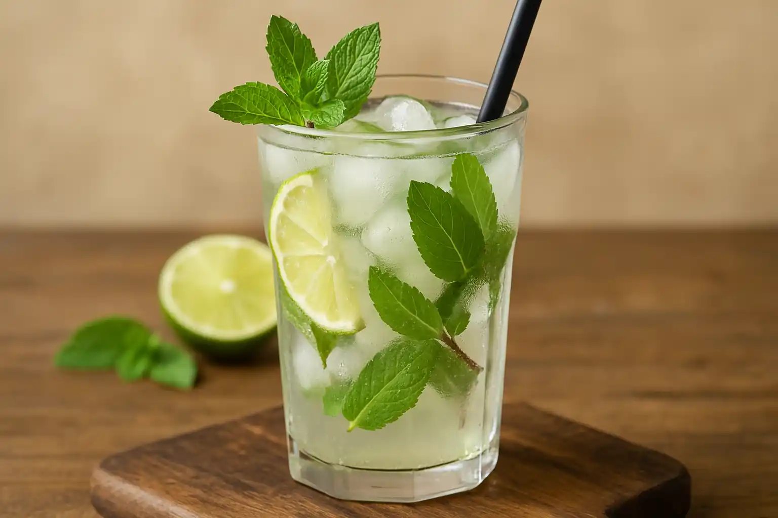 Verre de mojito sans alcool garni de menthe fraîche, citron vert et glaçons sur table en bois
