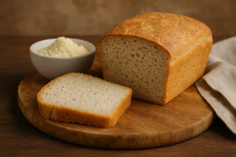 Pain sans gluten maison avec croûte dorée et mie moelleuse, présenté sur une planche en bois rustique