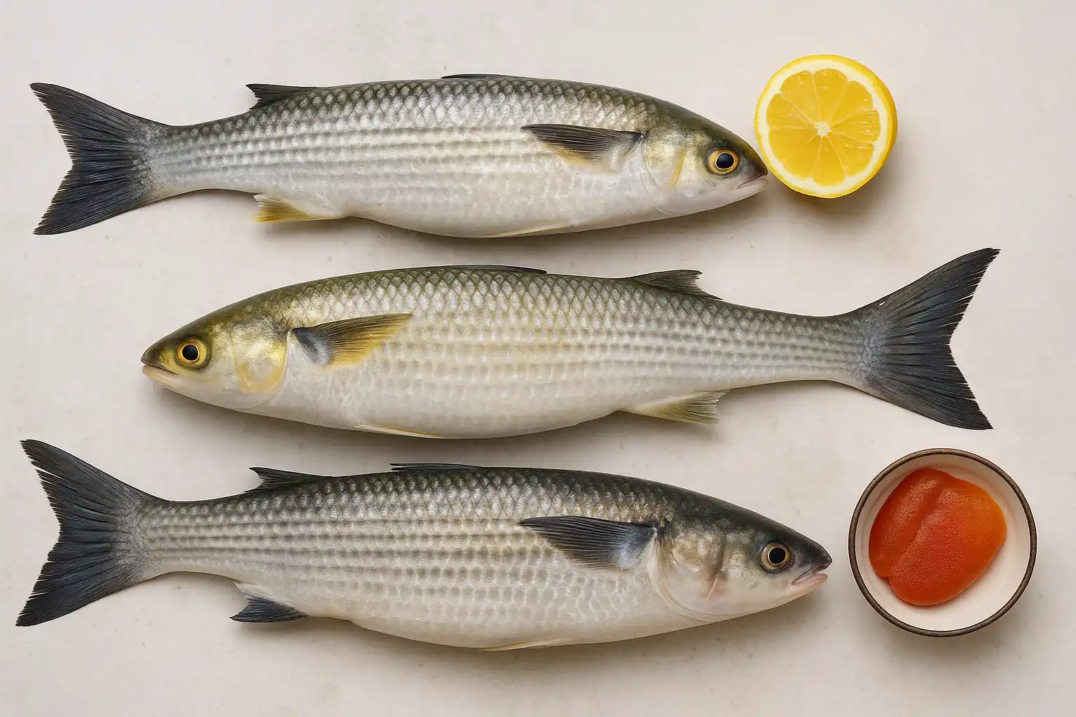 Mulet (poisson) : espèces, goût, cuisson & prix 1 Trois mulets frais présentés avec citron et poutargue, poisson côtier à chair blanche