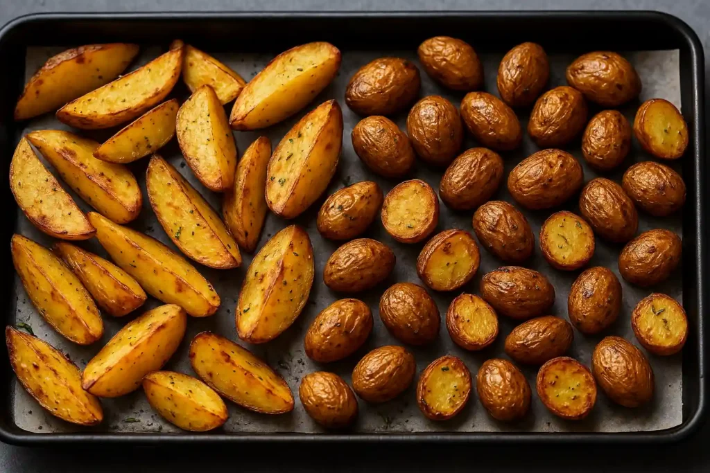 Pommes de terre au four dorées et croustillantes en quartiers et grenailles sur une plaque de cuisson