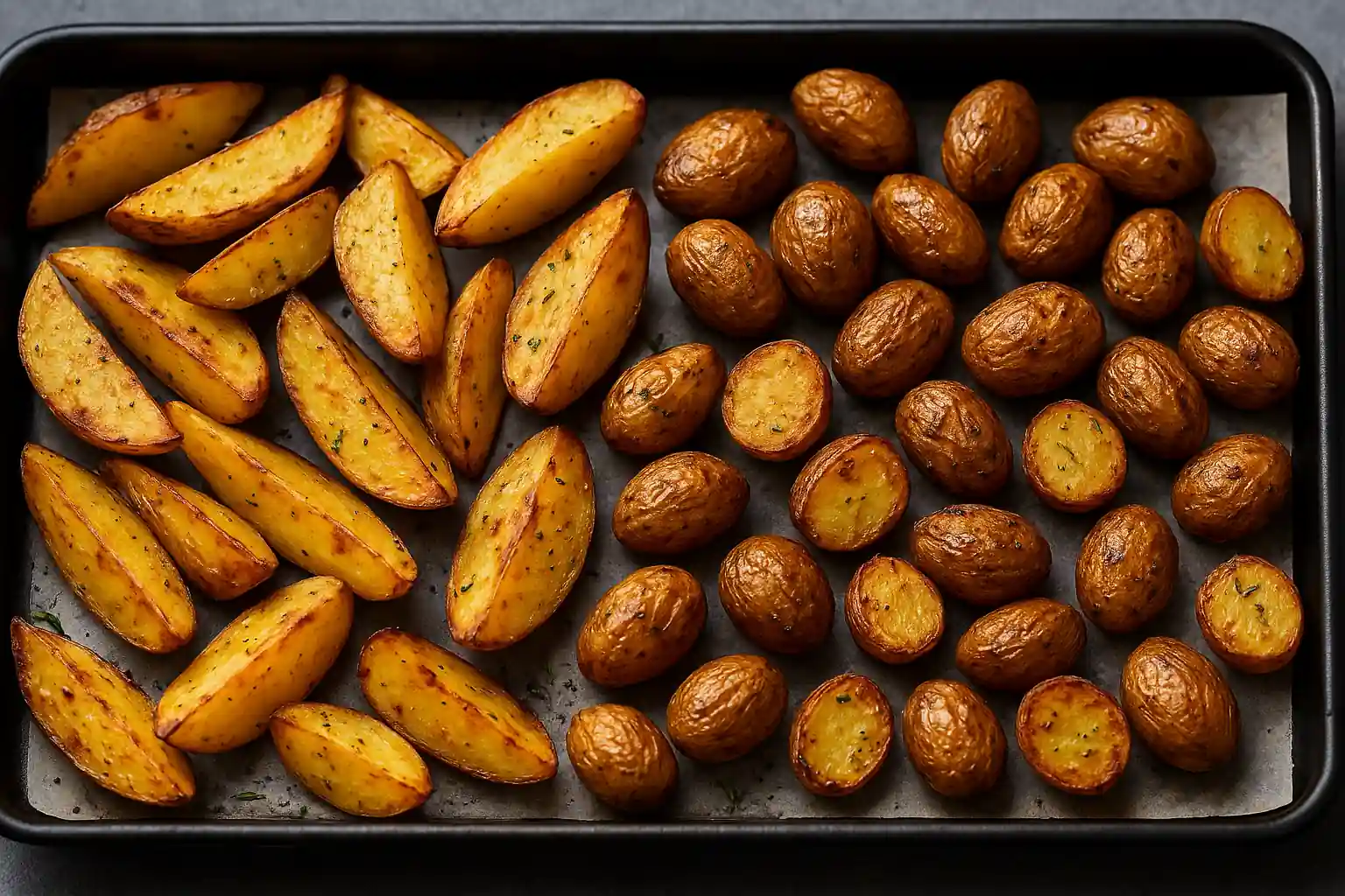 Pommes de terre au four dorées et croustillantes en quartiers et grenailles sur une plaque de cuisson