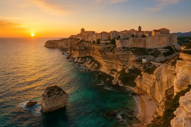 Que faire à Bonifacio : les immanquables & bons plans 3 Bonifacio Corse 2025 : citadelle médiévale perchée sur les falaises calcaires au coucher de solei