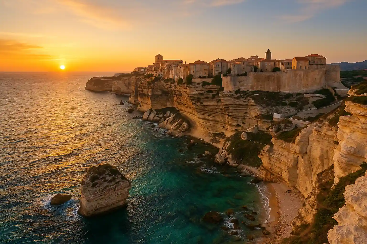 Bonifacio Corse 2025 : citadelle médiévale perchée sur les falaises calcaires au coucher de solei