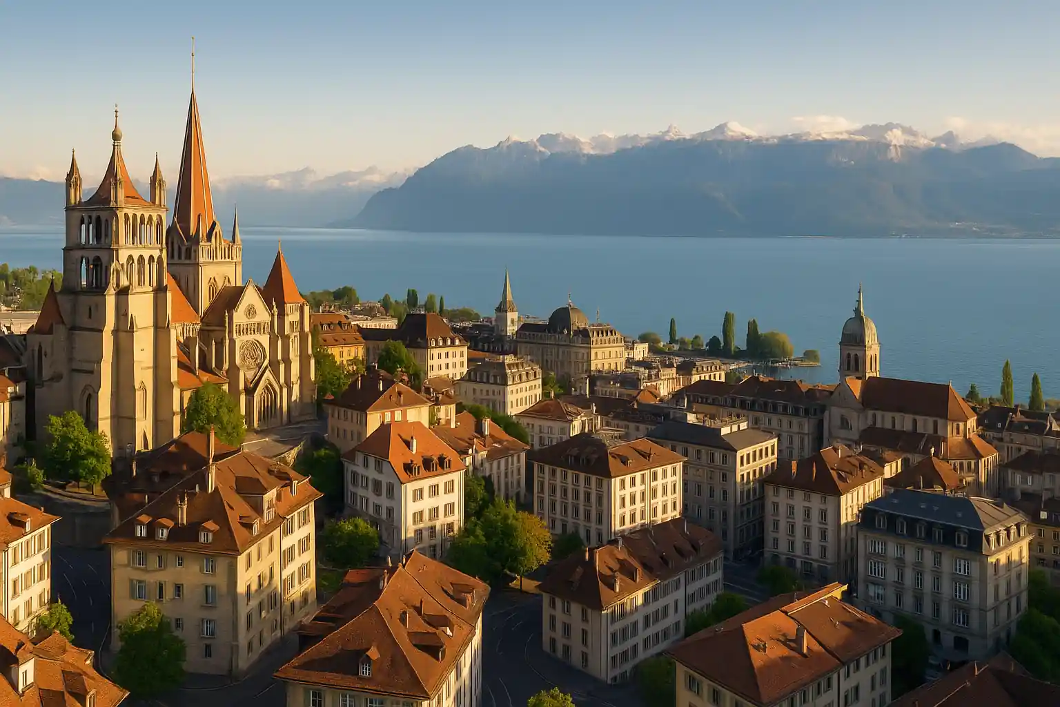 Que faire à Lausanne : 15 idées immanquables (lac, musées, vues) 1 Vue panoramique horizontale de Lausanne avec la Cathédrale, le lac Léman et les Alpes en arrière-plan