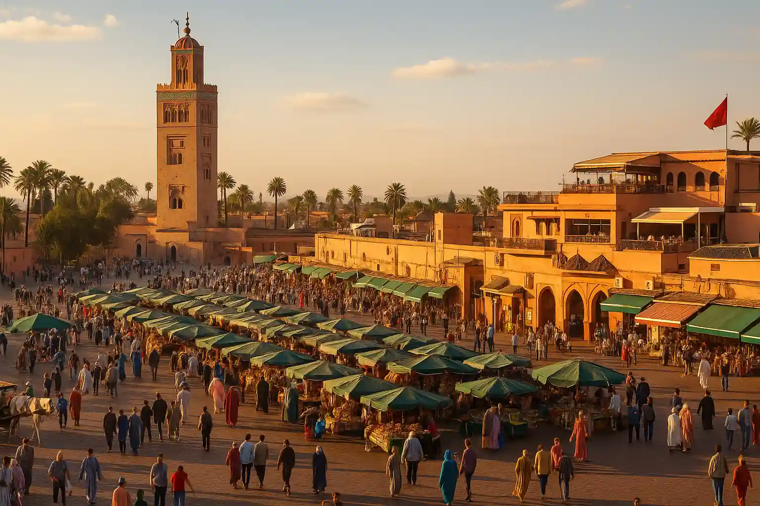 Marrakech avec Jemaa el-Fna et la Koutoubia au coucher de soleil