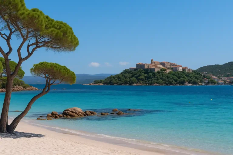 Que faire à Porto-Vecchio : plages, vieille ville, mer & idées locales 6 Porto-Vecchio Corse 2025 : plage de Palombaggia avec pins et sable blanc face à la citadelle