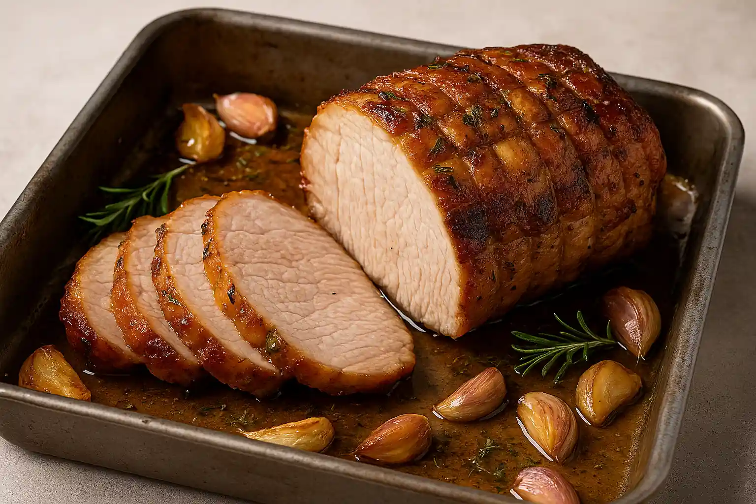 Rôti de porc au four tranché dans son jus avec ail et herbes aromatiques