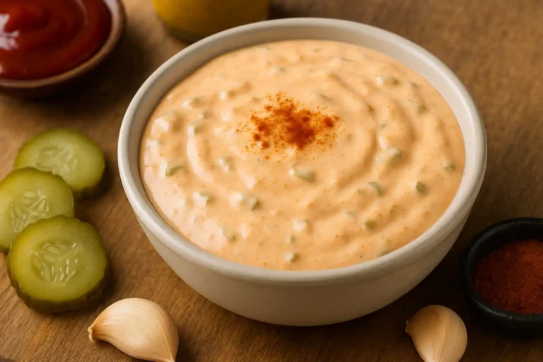 Sauce burger maison : la recette express au goût succulent 3 Bol de sauce burger maison crémeuse avec cornichons et épices sur une table rustique