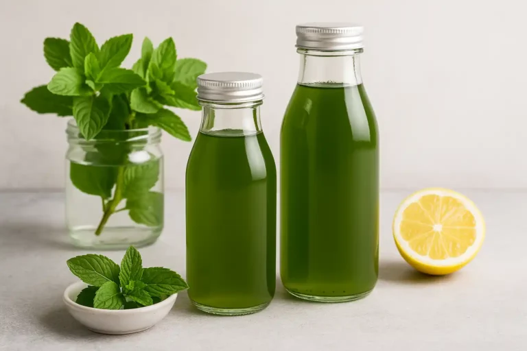 Sirop de menthe maison : ratios, infusion, couleur & conservation 4 Sirop de menthe maison en bouteilles en verre avec feuilles de menthe et citron sur une table en bois