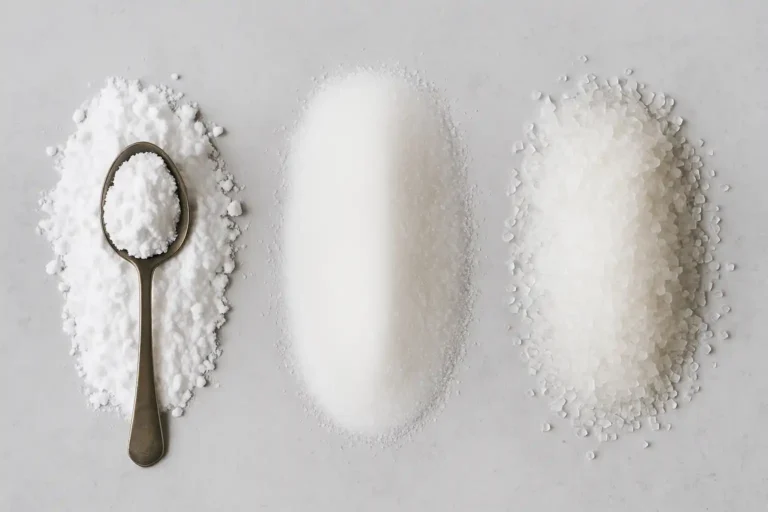 Sucre semoule : définition, différences & usages pâtisserie 3 Comparatif visuel du sucre glace, sucre semoule et sucre cristal montrant leurs différentes tailles de grains