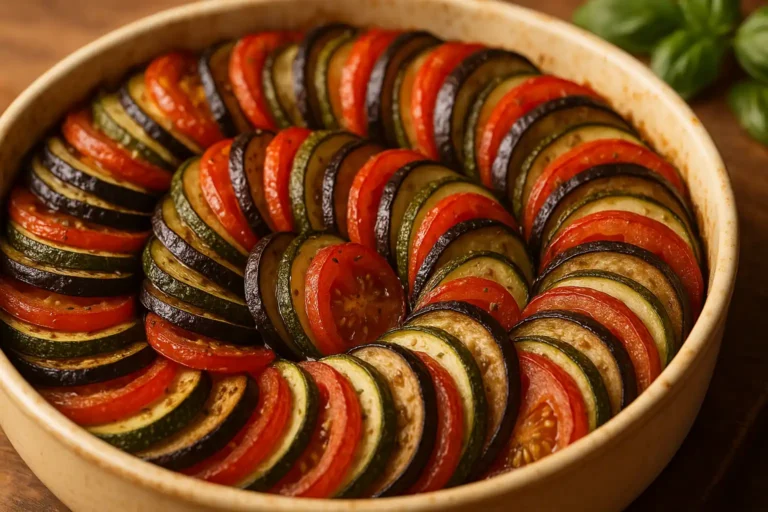 Tian de légumes : four 180 °C, temps de cuisson & méthode pas-à-pas 2 Tian de légumes provençal avec tomates, courgettes et aubergines alternées et dorées au four